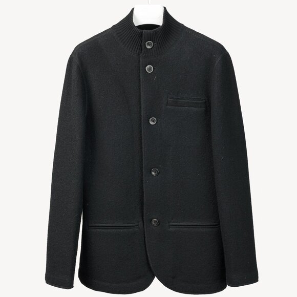 Armani Collezioni Black Boiled-Wool Buttoned Mock-Neck Jacket - Picture 1 of 9
